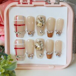 Elegant Beige and Red Nail Set with Rhinestones